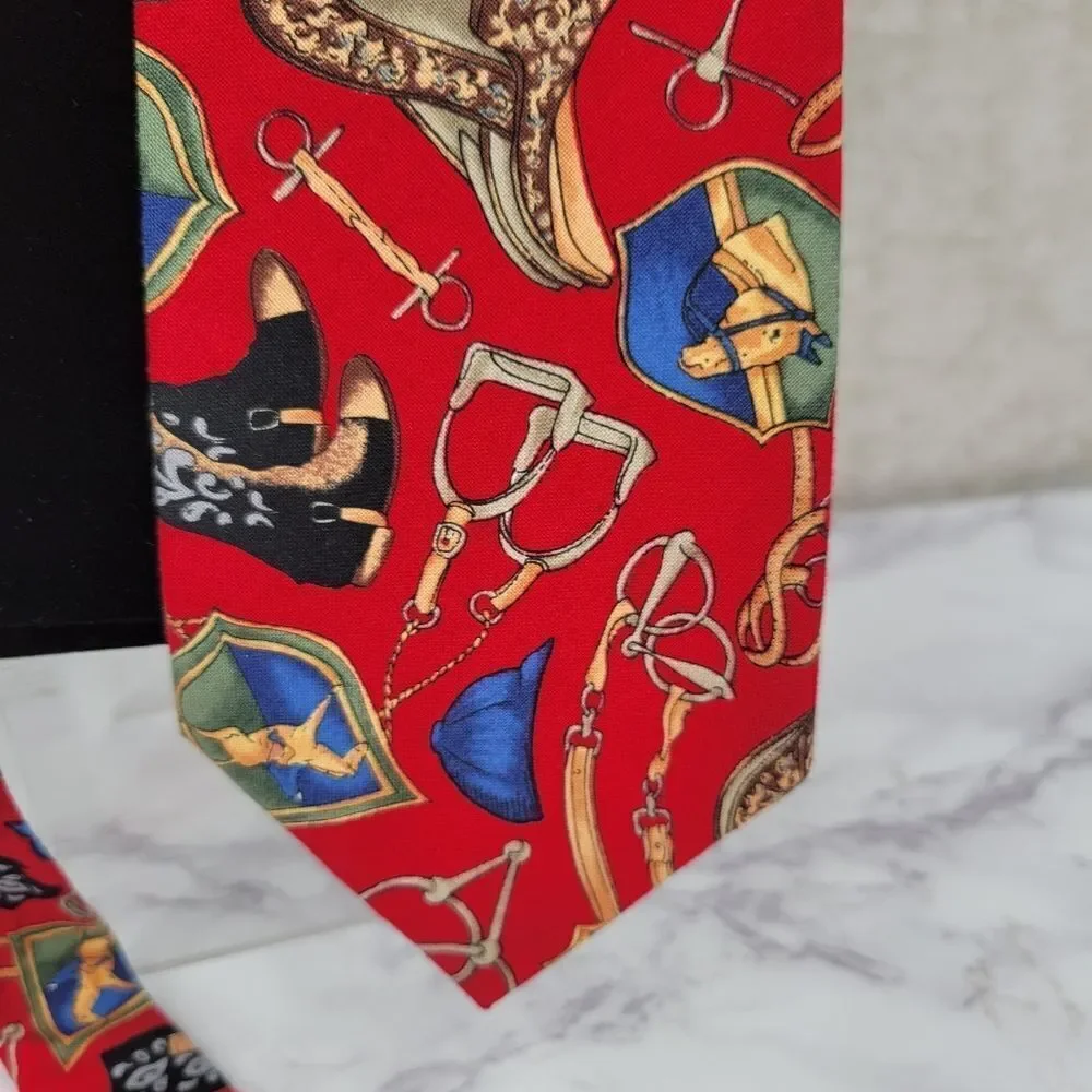 Vintage Red Equestrian Print Cotton Tie Men's Necktie